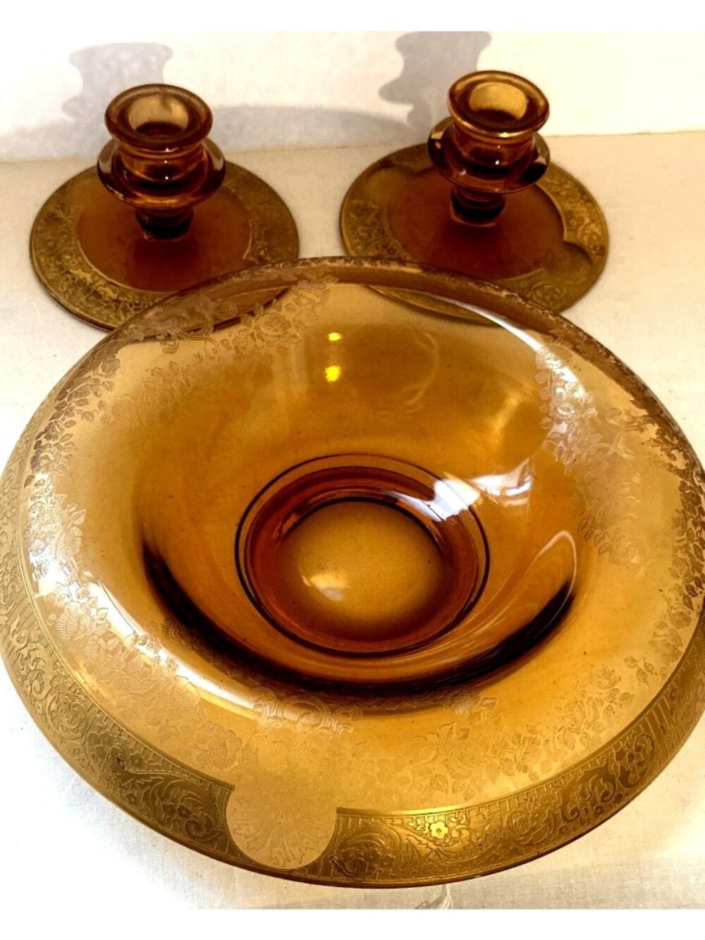Elegant Amber Glass Console Bowl Candle Holder Set Intricate Etched Mid Century